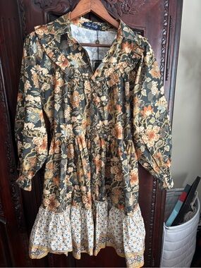 Trish Scully Floral Ruffle Dress in Olive & Mustard